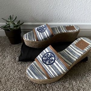 Tory Burch Navy Striped Platform Sandals